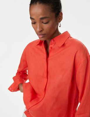 Autograph Womens Pure Irish Linen Collared Relaxed Shirt - 22 - Bright Orange, Bright Orange