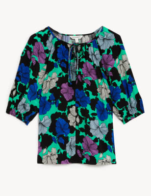 Cupro Rich Printed Tie Neck Blouse