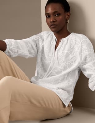 

Womens Autograph Pure Cotton Embroidered Tie Neck Blouse - Soft White, Soft White