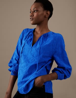 

Womens Autograph Pure Cotton Embroidered Tie Neck Blouse - Royal Blue, Royal Blue