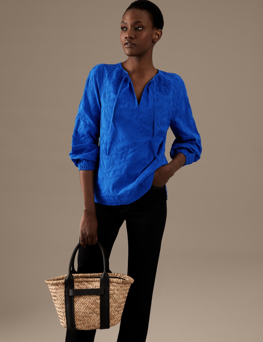 Pure Cotton Embroidered Tie Neck Blouse image 3