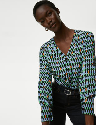 

Autograph Blusa abotonada de cupro con diseño geométricoWomens - Multi, Multi