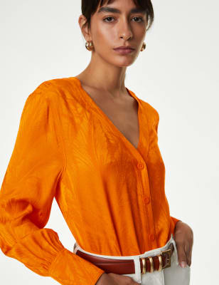 

Womens Autograph Jacquard-Bluse mit V-Ausschnitt und Blumenmuster - Tangerine, Tangerine