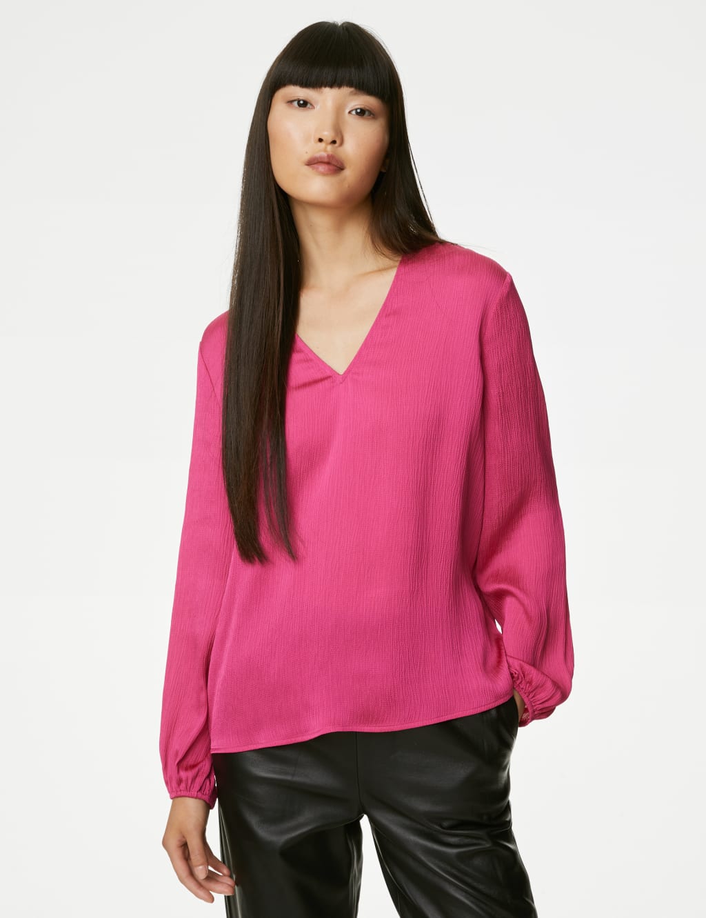 Satin V-Neck Blouson Sleeve Blouse image 1