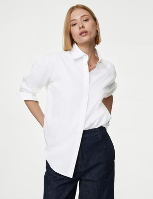 Autograph Womens Pure Cotton Collared Relaxed Shirt - 14 - Soft White, Soft White