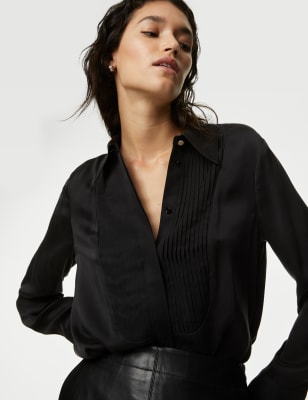 Silk Rich Collared Pintuck Shirt | M&S JP