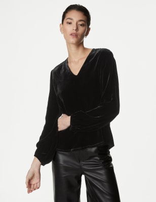 Velvet V-Neck Popover Blouse with Silk