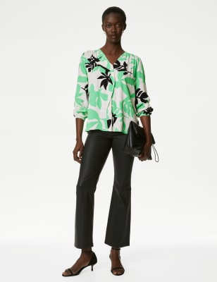 Leaf Print Draped V-Neck Blouse