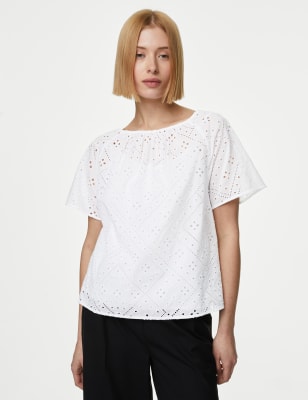 Autograph Womens Pure Cotton Broderie Round Neck Blouse - 10 - Soft White, Soft White,Black