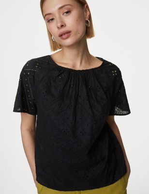 Pure Cotton Broderie Round Neck Blouse - AT