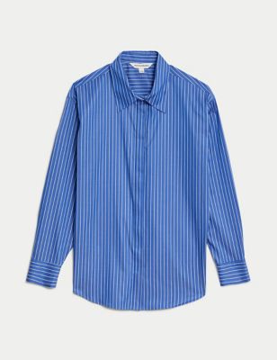 Autograph Womens Pure Cotton Striped Collared Shirt - 14 - Blue Mix, Blue Mix