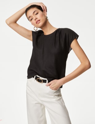 Pure Irish Linen Pleated Round Neck Blouse - PL