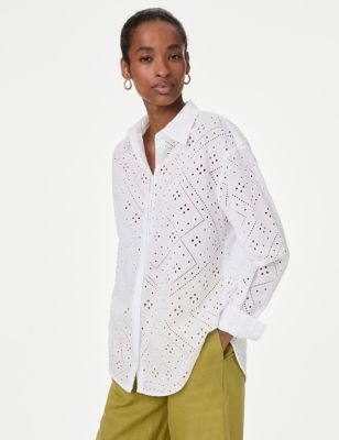 Autograph Womens Pure Cotton Embroidered Collared Shirt - 6 - Soft White, Soft White