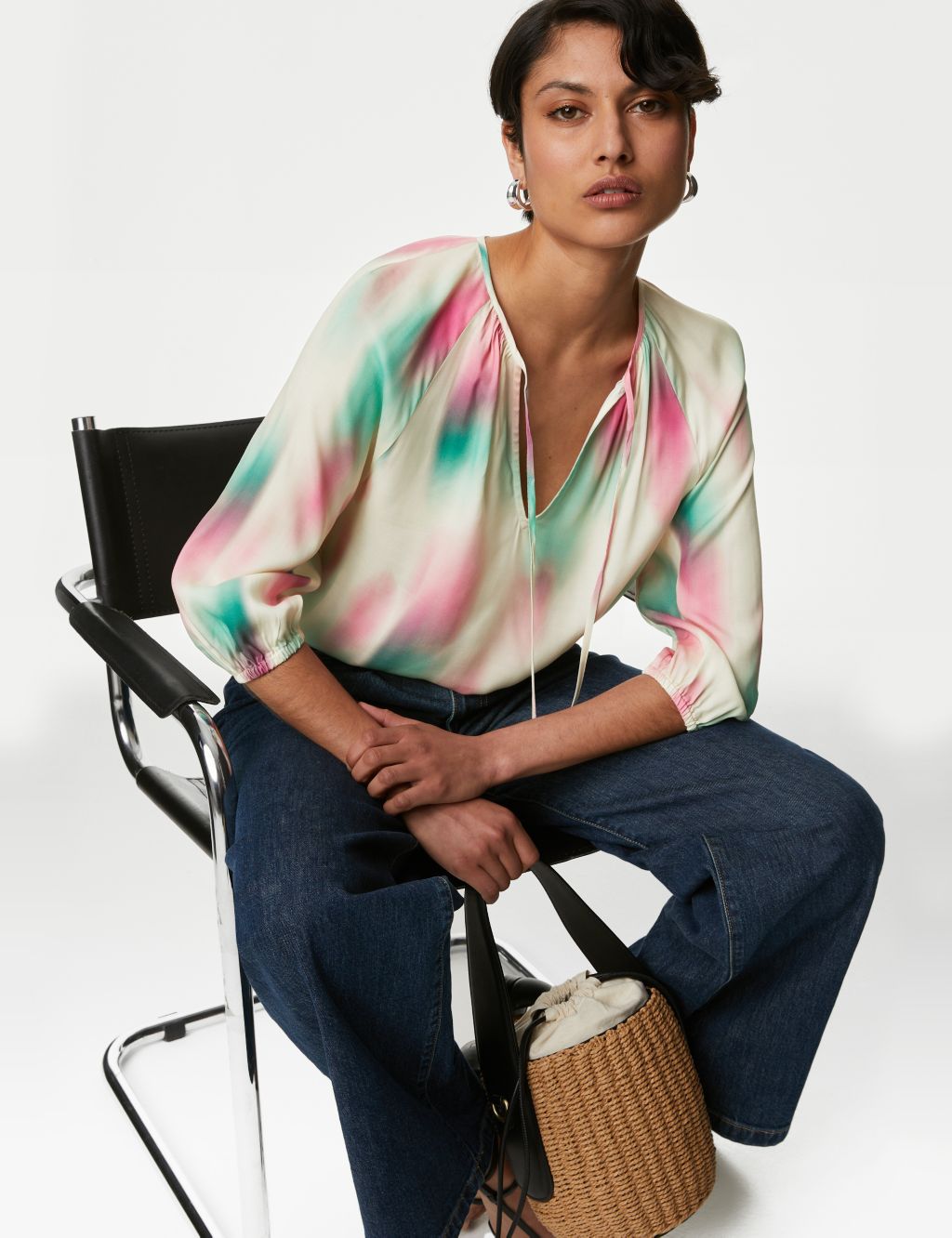 Cupro Rich Printed Tie Neck Blouse