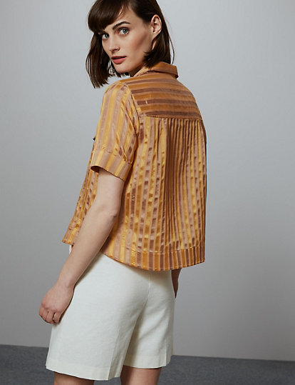 Cotton Blend Striped Cropped Boxy Shirt