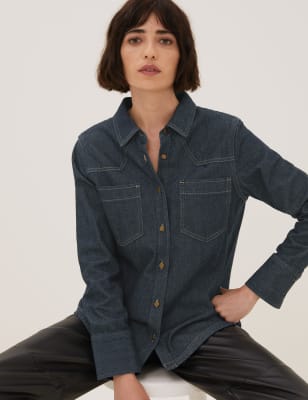 

Womens Autograph Denim Collared Long Sleeve Shirt with Silk - Indigo, Indigo