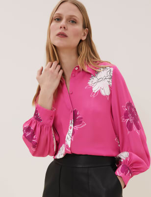  Chemise satinée à manches bouffantes et motif fleuri - Raspberry Mix