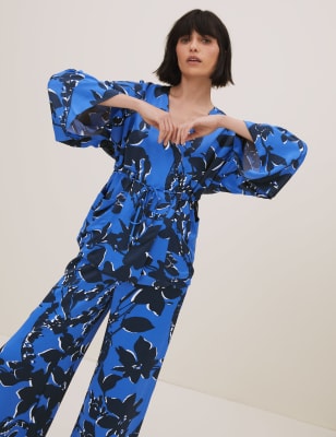 

Womens Autograph Satin Printed Angel Sleeve Kimono Top - Blue Mix, Blue Mix