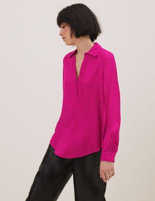 

Womens Autograph Satin Collared Long Sleeve Popover Blouse - Dark Pink, Dark Pink