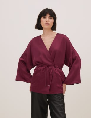 

Womens Autograph Pure Silk V-Neck 3/4 Sleeve Kimono Blouse - Wine, Wine