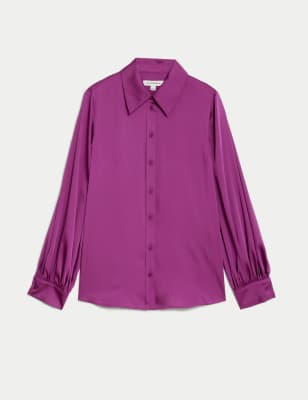 Satin Collared Blouson Sleeve Shirt
