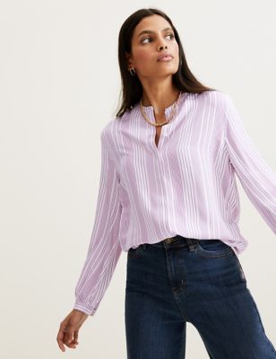 Striped Collarless Long Sleeve Blouse