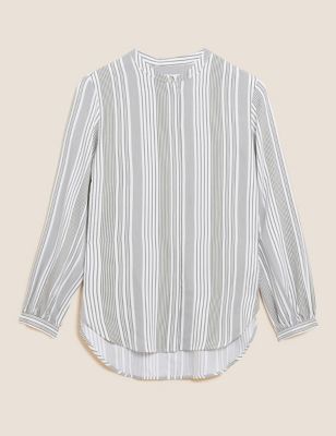 M&S Autograph Womens Striped Collarless Long Sleeve Blouse