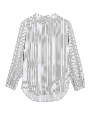 

Womens Autograph Striped Collarless Long Sleeve Blouse - Green Mix, Green Mix