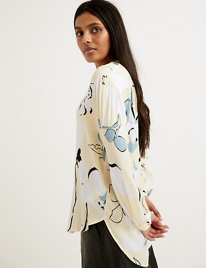 Floral Collarless Long Sleeve Blouse
