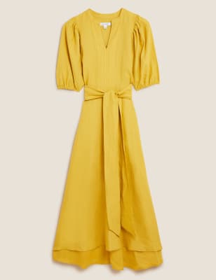 

Autograph Vestido a media pierna 100% lino irlandés de escote en pico con cinturónWomens - Citrus, Citrus