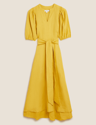 

Autograph Vestido maxi a media pierna 100% lino irlandés de escote en pico con cinturónWomens - Citrus, Citrus