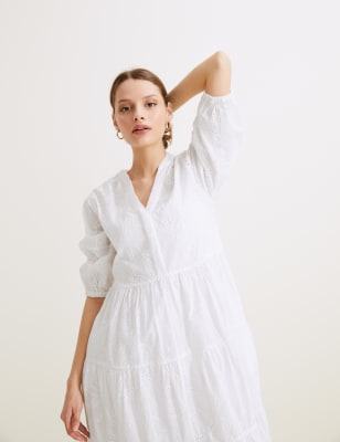 

Womens Autograph Pure Cotton Broderie V-Neck Midaxi Dress - Soft White, Soft White