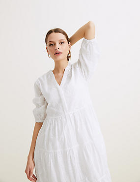 Pure Cotton Broderie V-Neck Midaxi Dress