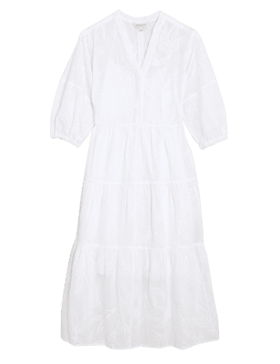 

Autograph Vestido maxi a media pierna 100% algodón bordado de escote en picoWomens - Soft White, Soft White