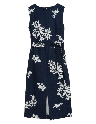 

Womens Autograph Pure Irish Linen Printed Belted Midi Dress - Navy Mix, Navy Mix