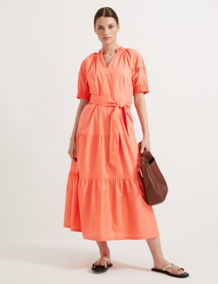 

Womens Autograph Pure Cotton V-Neck Midaxi Tiered Dress - Bright Coral, Bright Coral