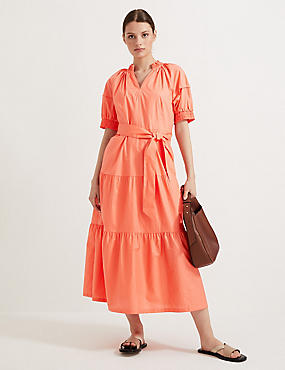 Pure Cotton V-Neck Midaxi Tiered Dress