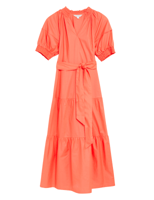 

Womens Autograph Pure Cotton V-Neck Midaxi Tiered Dress - Bright Coral, Bright Coral