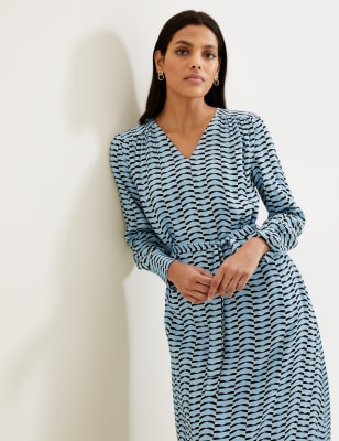 

Womens Autograph Geometric V-Neck Midi Waisted Dress - Blue Mix, Blue Mix