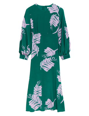 

Autograph Vestido maxi a media pierna a la cintura de cupro con estampado de hojasWomens - Green Mix, Green Mix