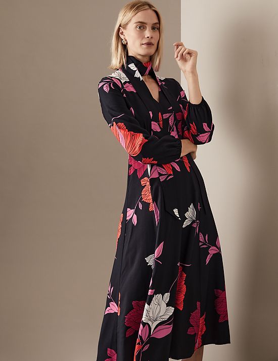 Floral Scarf Neck Midaxi Waisted Dress