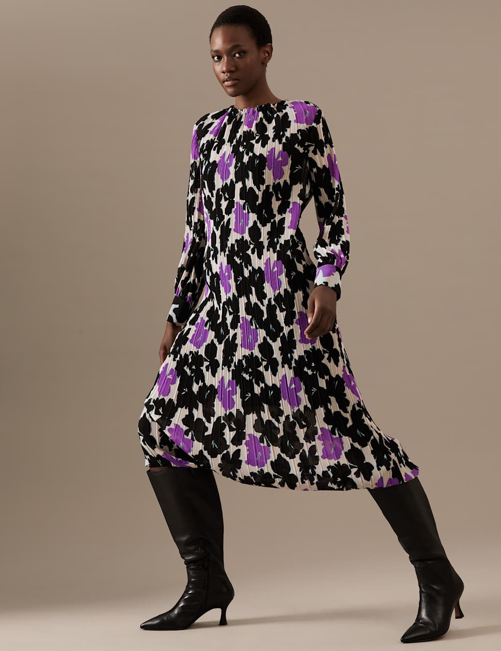 Plisse Printed High Neck Midaxi Smock Dress image 3