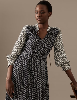 

Womens Autograph Printed Tie Neck Midaxi Waisted Dress - Blue Mix, Blue Mix