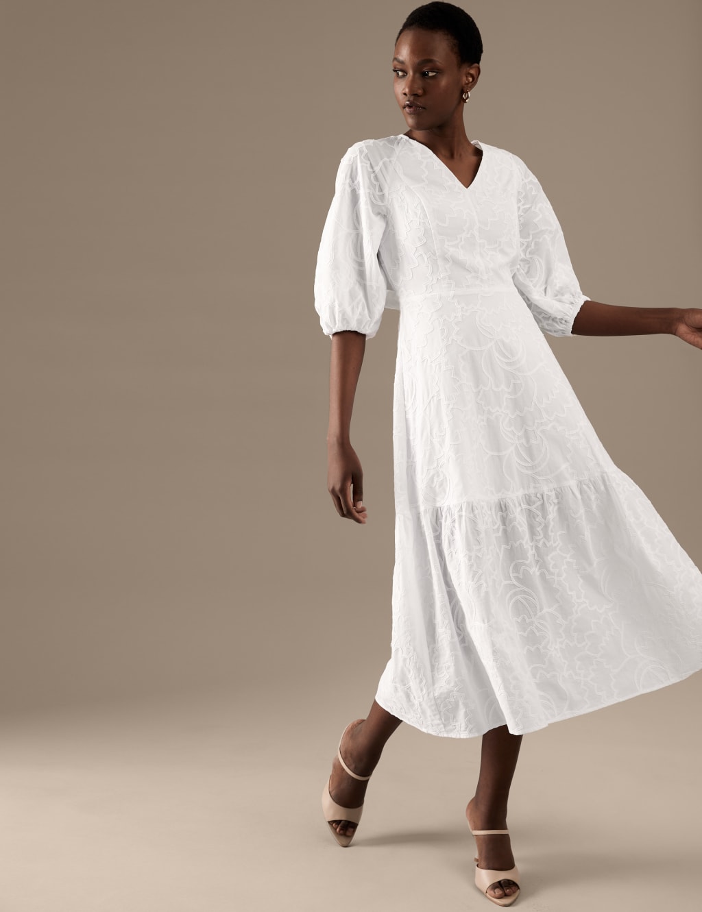 Pure Cotton Embroidered V-Neck Midaxi Dress image 1