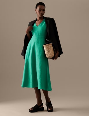 

Autograph Vestido maxi a media pierna a la cintura 100% lino irlandés de escote en picoWomens - Spearmint, Spearmint