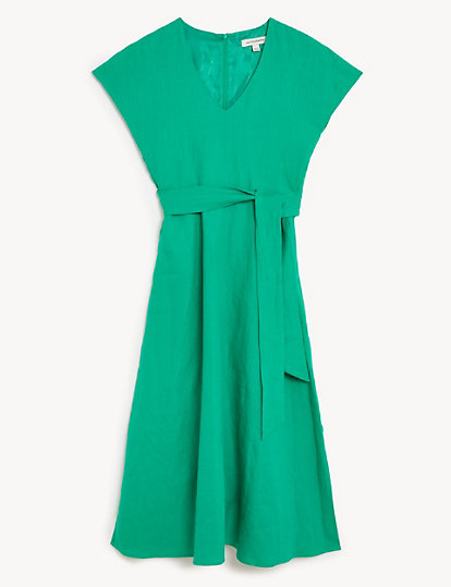 Pure Irish Linen V-Neck Midaxi Waisted Dress