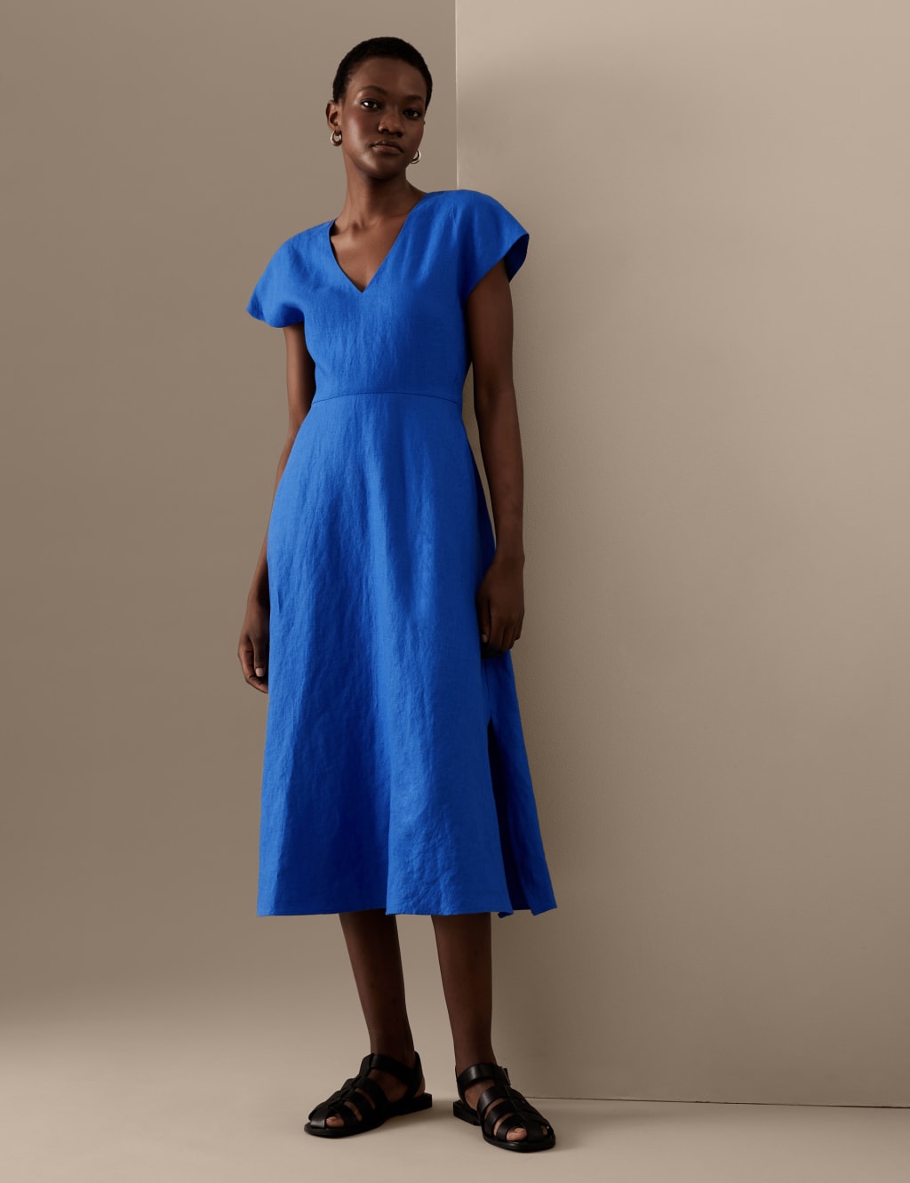 Pure Irish Linen V-Neck Midaxi Waisted Dress image 3