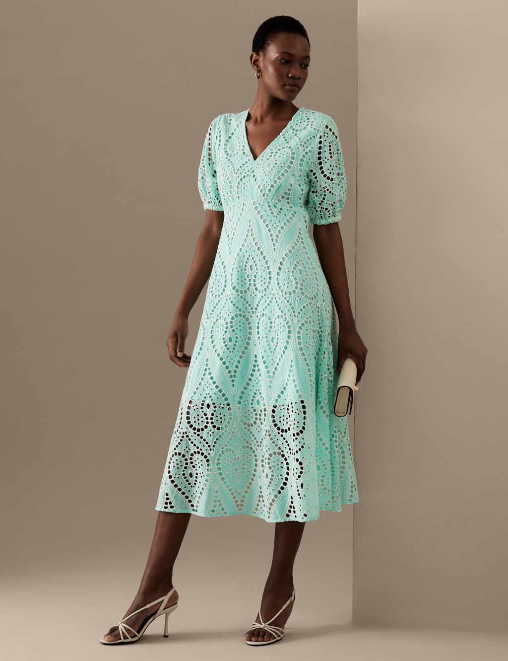 Pure Cotton Broderie Midaxi Waisted Dress image 1