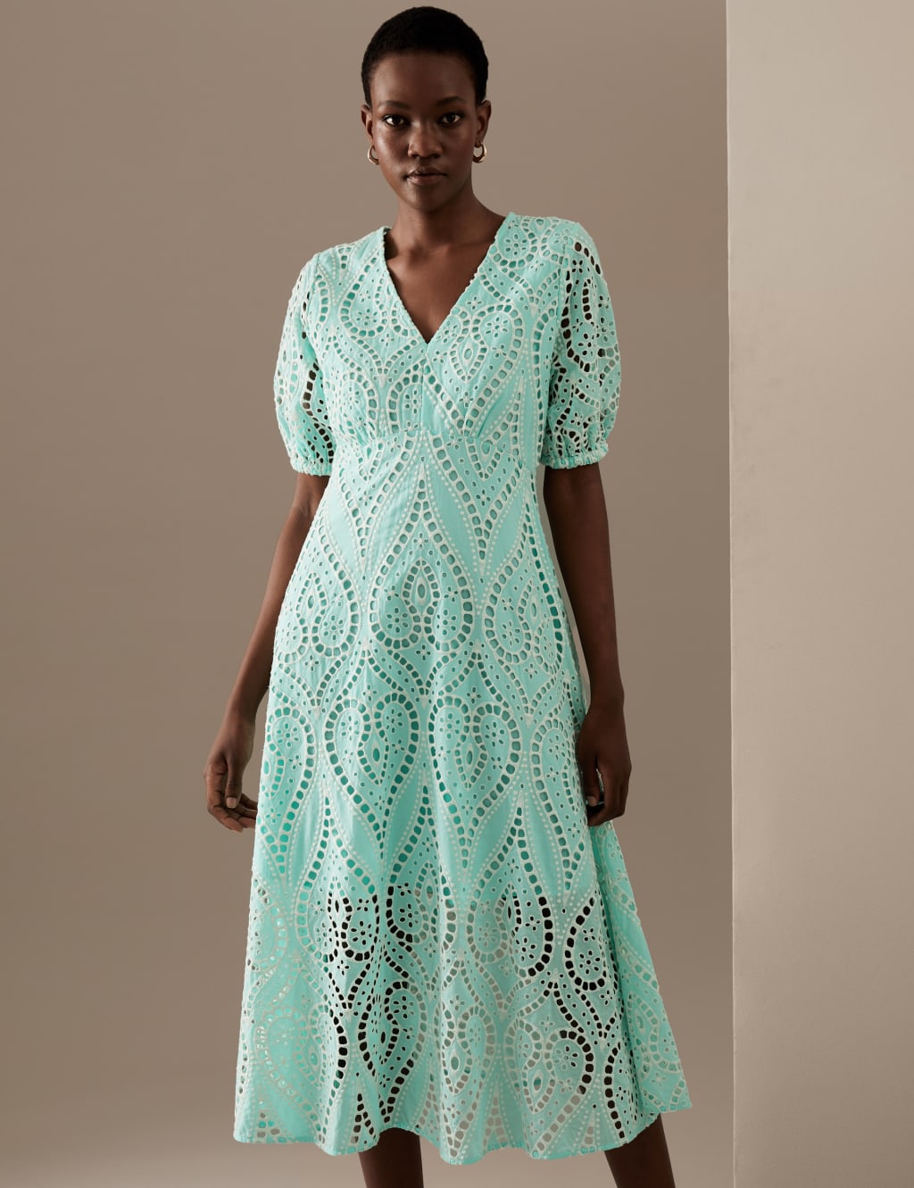 Pure Cotton Broderie Midaxi Waisted Dress image 3