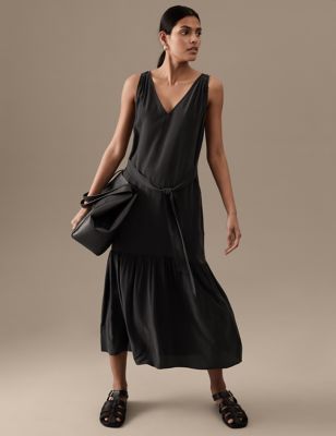 Pure Silk V-Neck Belted Midaxi Slip Dress